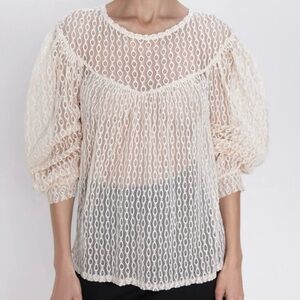 Zara Lace Patterned Peasant Blouse SZ M Cream Sheer Boho Hipster Lightweight